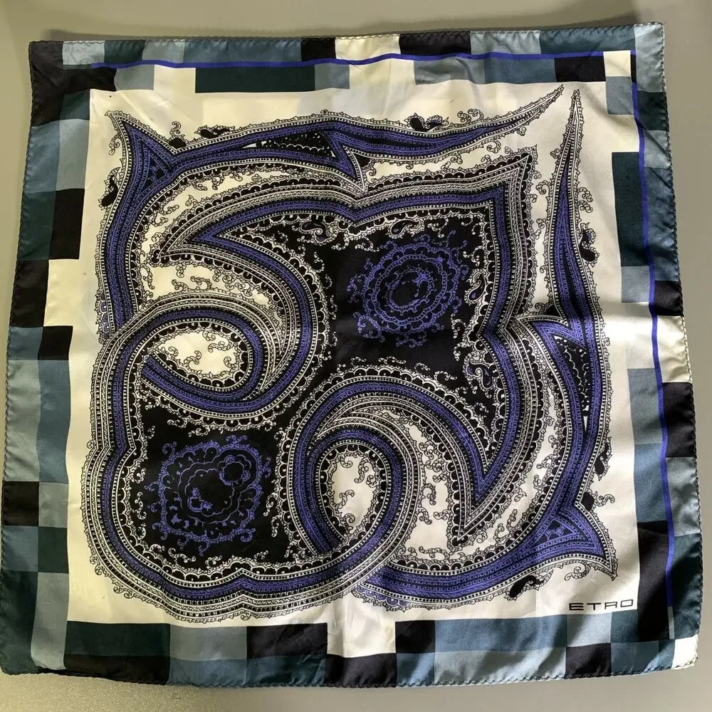 ETRO Black Blue Paisley Silk Pocket Square
